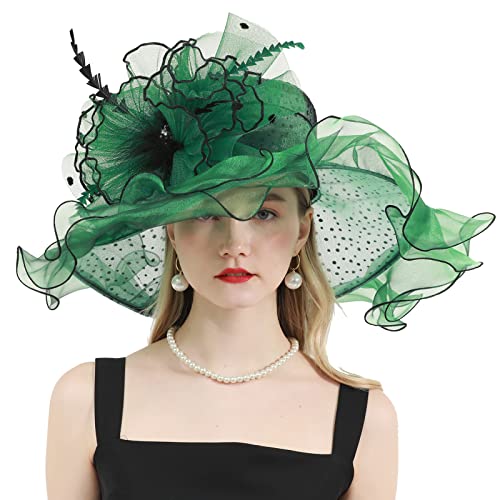 Women's Organza Church Derby Hat Bridal Tea Party Wedding Tea Party Sun Hat with Detachable hat Flower as Headgear Green