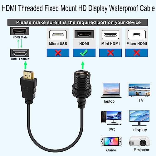 QIANRENON 4K HDMI Threaded Fixed Mount HD Display Waterproof Cable HDMI 2.0 Male to Female Car Dash Mount Extension Cord HDMI 2.0 Panel Mount Socket 4K60Hz - Image 3