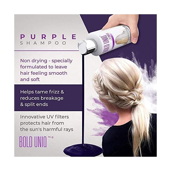 Purple-Shampoo-for-Blonde-Hair-Blonde-Shampoo-Eliminates-Brassy-Yellow-Tones-Lightens-Blonde-Platinum-Ash-Silver-and-Grays-Paraben-Sulfate-Free-Toner-Revitalize-Bleached-Highlighted-Hair BOLD UNIQ Purple Shampoo for Blonde Hair - Toning Shampoo for Blonde, Platinum, Bleached, Grey, Ash, and Silver Hair - Eliminates Brassy, Yellow Tones - Vegan, Paraben & Sulphate Free - 237 ml