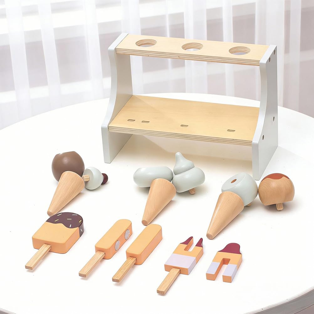 Set da Gioco Gelateria in Legno, Espositore a Doppio Piano | Set Gioco Dolci Finti, Giocattolo Ghiacciolo, Giocattolo per Gioco di Ruolo Venditore
