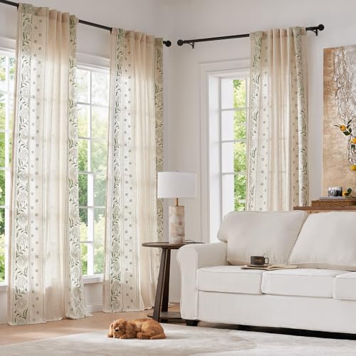 Image of jinchan Sage Floral Linen Curtains for Living Room 63 inch Back Tab 2 Panels