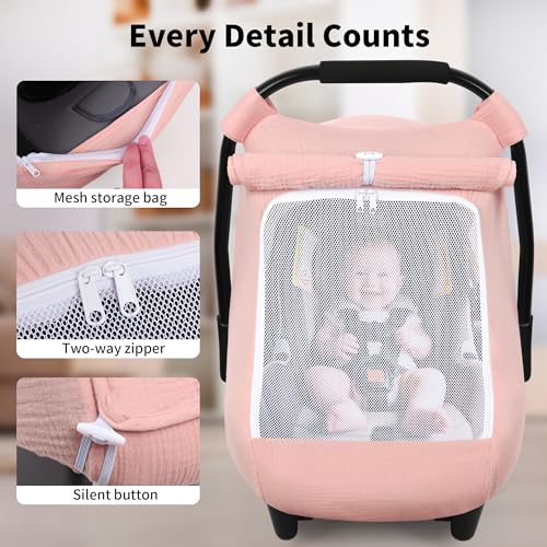 Image of Rquite Car Seat Cover Baby, Carseat Covers Girl Boy, Breathable Muslin Cotton, Large Mesh Window, Infant Car Seat Canopy Baby Carrier Cover Stroller Sun Shade for Summer & Hot Day, Pink