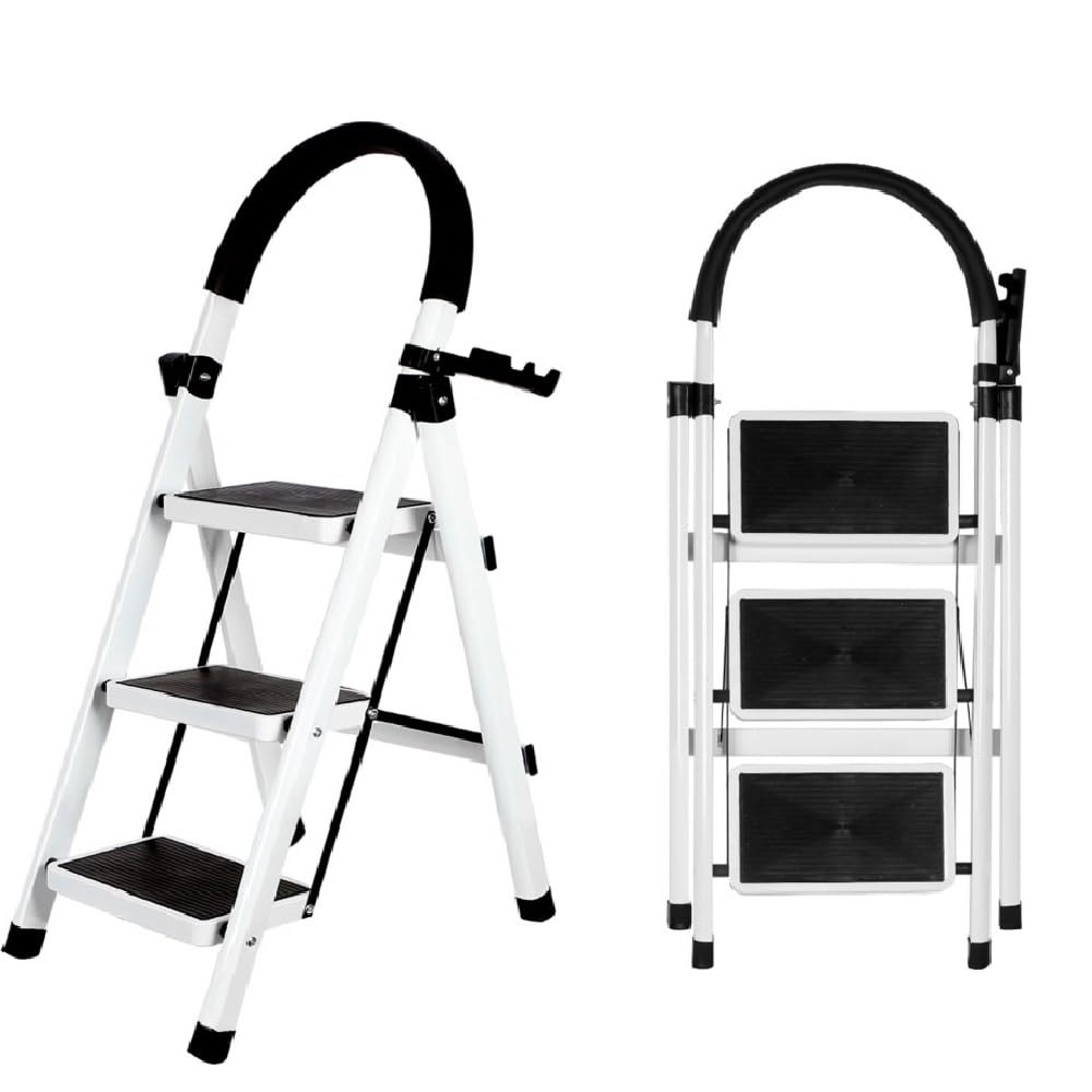 Escabeau Pliable 3/4/5 marches Charge maximale de 150kg Verrouillage de sécurité, pédales Larges accoudoirs escabeau escamotable légères pour la Maison, Cuisine, Placard et Bureau (Blanc-3 marches)