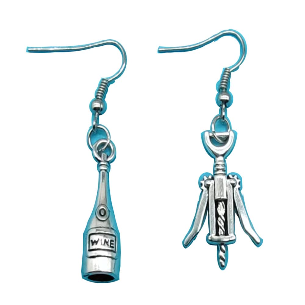 Ancient Silver Wine bottle and corkscrew earrings,wine earrings,wine drinker gift,asymmetry earrings