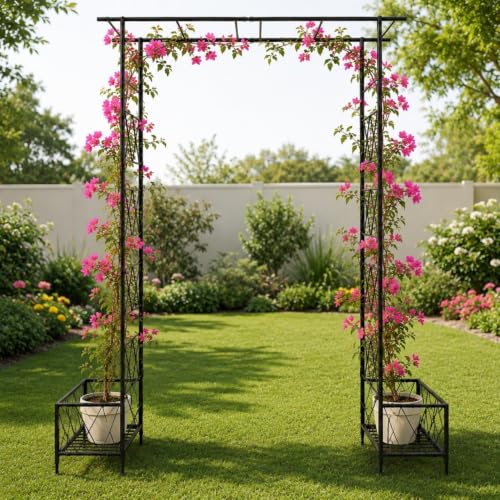 Image of ecofynd 8 Feet High x 5 Feet Wide Graden Arch Plant Stand, Metal Arbor Trellis for Climbing Plants, Backdrop Stand for Outdoor Indoor Wedding Lawn Backyard Party Decoration Items, Patio (GARCH002-BLK)
