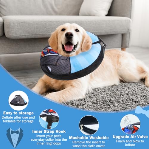 Image of SCENEREAL Dog Cone Alternative After Surgery Donut Collar, Soft Pet Recovery Pillow Collar for Medium Large Dogs, Inflatable Adjustable Neck Collars to Prevent Licking, Black Suit S