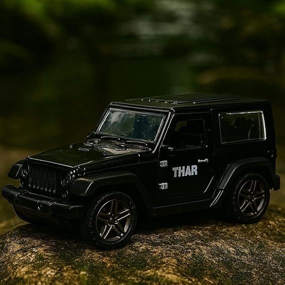 Image of MAKET Mahindra Thar 4x4 Toy Car - 1:32 Scale Die-Cast Metal SUV Model | Collectible Jeep Toy with Pull Back Action, Openable Doors & Rubber Tyres | Kids & Car Lovers (Black)
