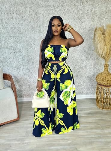 Image of Two Piece Sets for Women Summer Outfits Crop Tops and Wide Leg Pants Sets Sexy Jumpsuits Vacation Outfits with Pockets