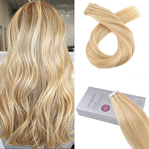 Moresoo Tape in Human Hair Extensions 24inch Highlighted Tape in Hair Extensions Human Hair Color #16 Golden Blonde Mixed #22 Blonde Remy Hair Extensions Real Human Hair 20PCS 50G Per Package