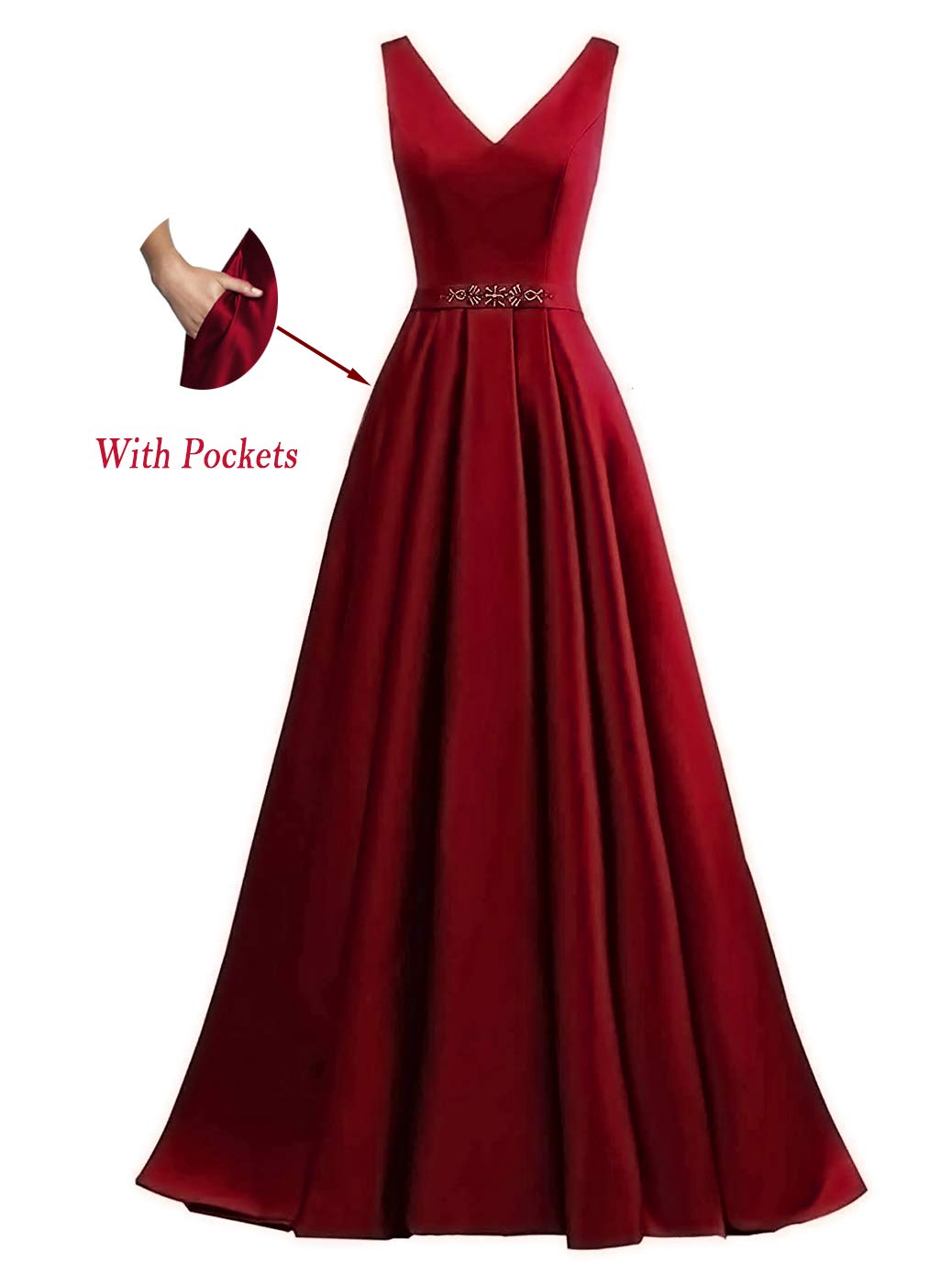 HONGFUYU V Neck Long Prom Dresses Satin A Line Beaded Evening Formal Gowns with Pockets HFY266-Burgundy-US8