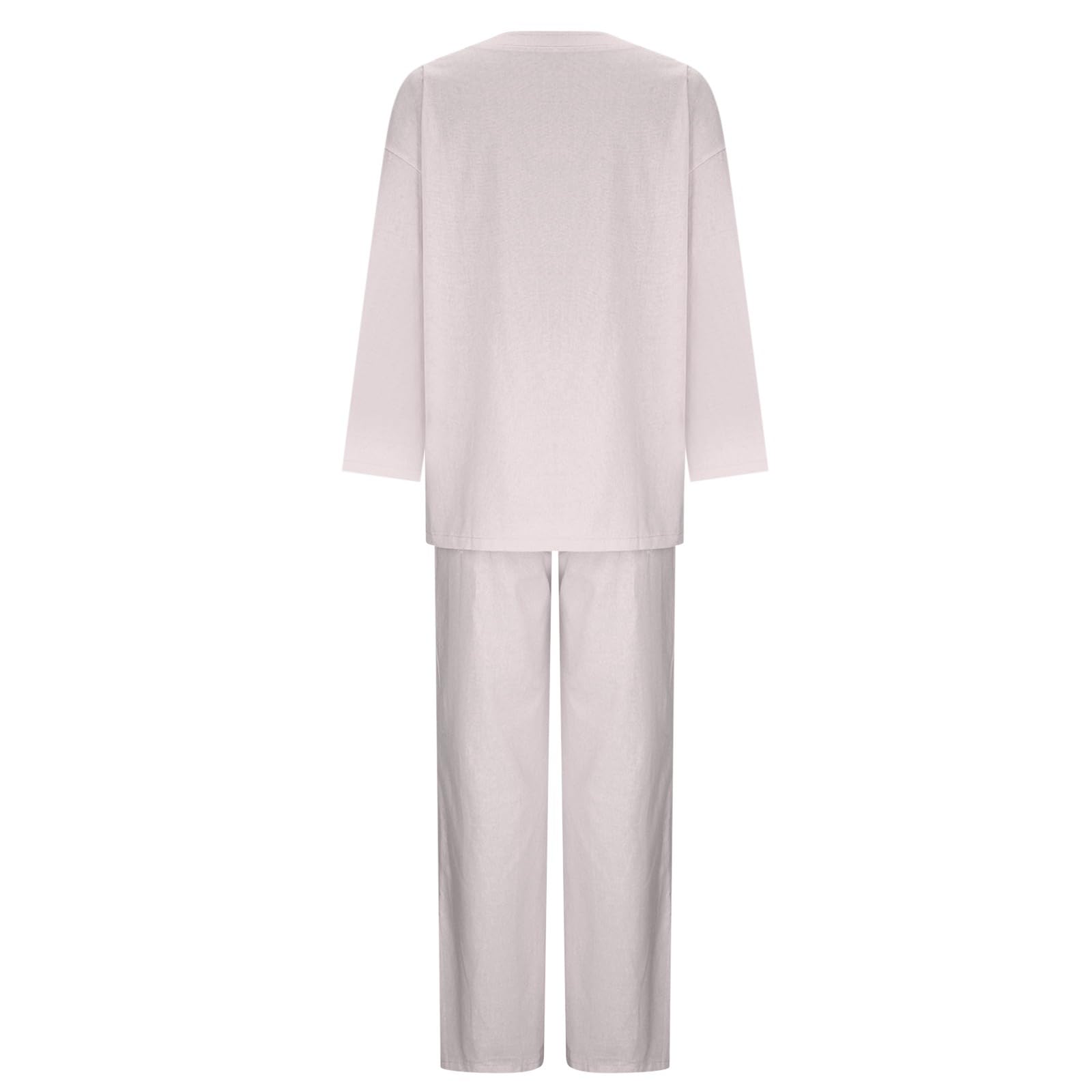 Ensemble de salon long en coton et lin pour femme - Confortable et élégant | Pantalon d'intérieur pour femme - Coupe ample - Col rond - Manches longues - Avec poches - Doux
