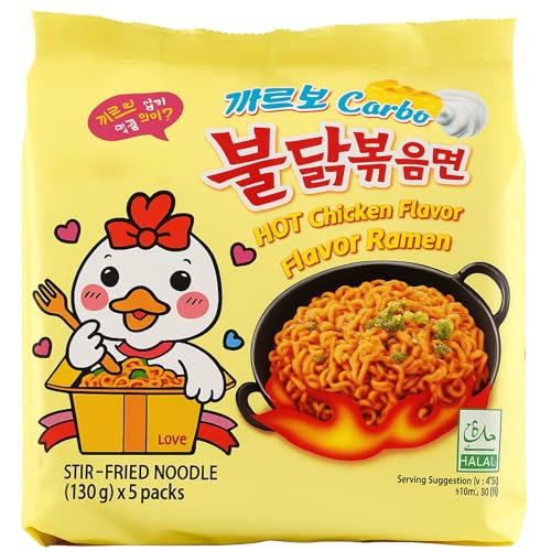 Ramen con fideos salteados con pollo picante, Hot Chicken Ramen Carbonara, Hot chicken ramen instantáneo muy rico y picante, Sabor a carbonara, Pack 5 paquetes de 130g cada uno