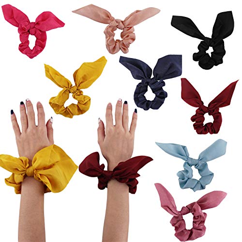 Bow Scrunchies For Long Hair - 8 Pcs Chiffon Satin Scrunchies Silk With Bow Scarf, Solid Stripe Flower Color Bow Scrunchies, Ponytail Holder With Tail, Rabbit Bunny Ear Bowknot Hair Accessories (A2) - Thumbnail 5