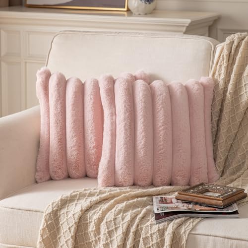 Yaertun 2er Set gestreifte Kissenbezug 40x40cm Rosa dekorative Kissenbezüge Sofakissen Dekokissen Wurfkissenbezug zierkissenbezug plüsch Kunstfell...