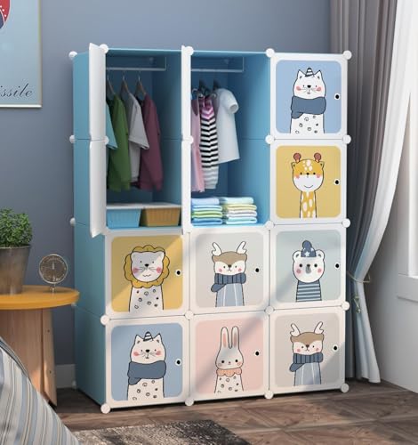 Image of Plastic Wardrobe for Kids Clothes - Durable, Easy to Use Anti-Skid & Non-Slip Effective Professional Collapsible Wardrobe, Plastic Cupboard for Kids, Foldable Almirah (Blue KTF1,12-Door)