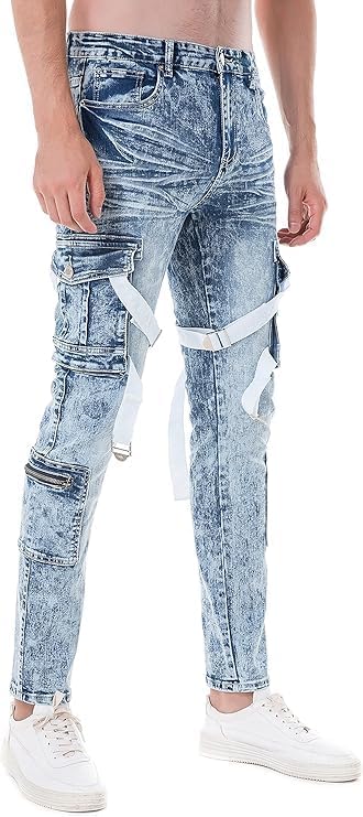 ABSECAI Mens Fashion Slim Fit Skinny Hip Hop Cargo Straps Jeans