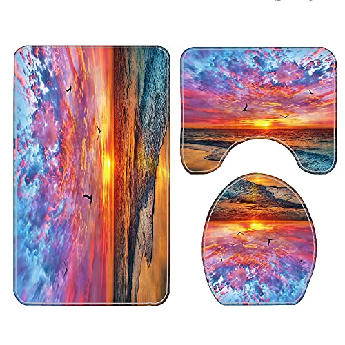 Nmpptm 4 Pcs Seagull Beach Shower Curtain Sets With Rugs, Toilet Lid Cover And Bath Mat, Ocean Waves Shower Curtain With 12 Hooks, Sunset Waterproof Fabric Bath Curtain #TOP3