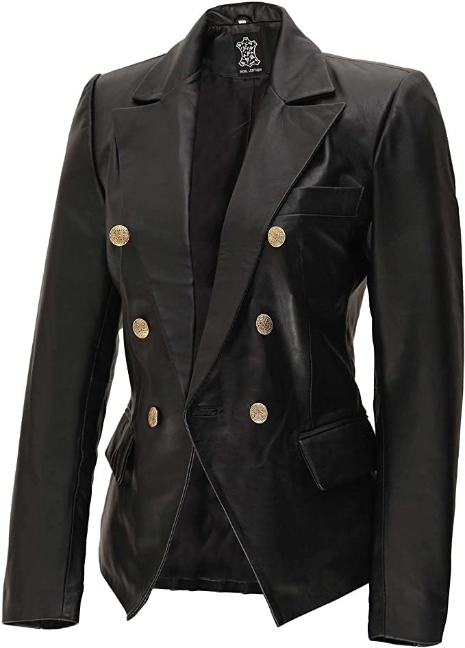 Women's Leather Double Breasted Blazer Gold Buttons, Lambskin Leather Blazer Jackets for Women
