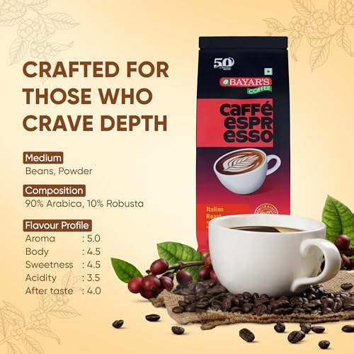 Image of Bayar's Coffee Caffe Espresso Italian Roast 100% Coffee Beans Bag 500g | Authentic Blend with 90% Arabica & 10% Robusta | Freshly Roasted for Rich Aroma & Taste | Ideal for Espresso & French Press