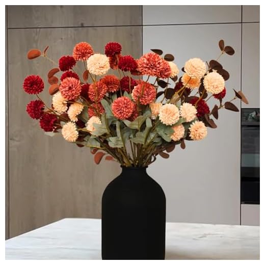 27+ Cozy Fall Entryway Decor Ideas You’ll Love 6 Fall Flowers, Burnt Orange Faux Kiku Flowers Artificial 10 Stems + Eucalyptus, Assorted Fake Silk Mums Fall Florals Autumn Decor, Terracotta Mini Floral Balls Faux Stems For Vase, Decoración de Otoño