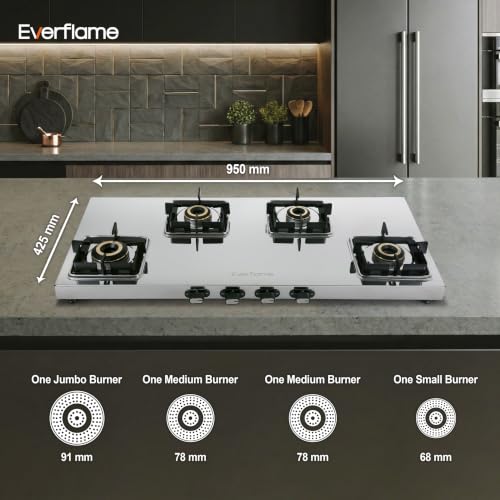 Image of Everflame Prime 4 Burner (Long) Stainless Steel Gas Stove | 1.2mm Thick Jointless SS Body | Manual Ignition | 5 Years Warranty on Glass & Burner + 2 Years Comprehensive Warranty