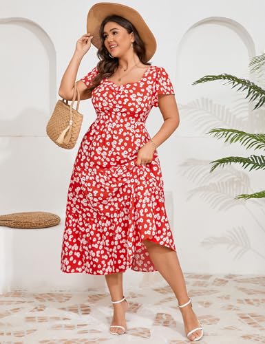 Image of KOJOOIN Women Plus Size Summer Dress Short Sleeve Casual Dress Floral Midi Dress Sweetheart Neck Ruffle Dress