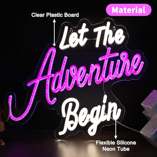 Image of Let The Adventure Begin Neon Sign, Pink & White LED Neon Light for Wedding Backdrop, Bachelorette Party Decor, Bridal Shower Photo Booth, Bedroom Wall Art, USB Powered Dimmable Neon Wall Sign