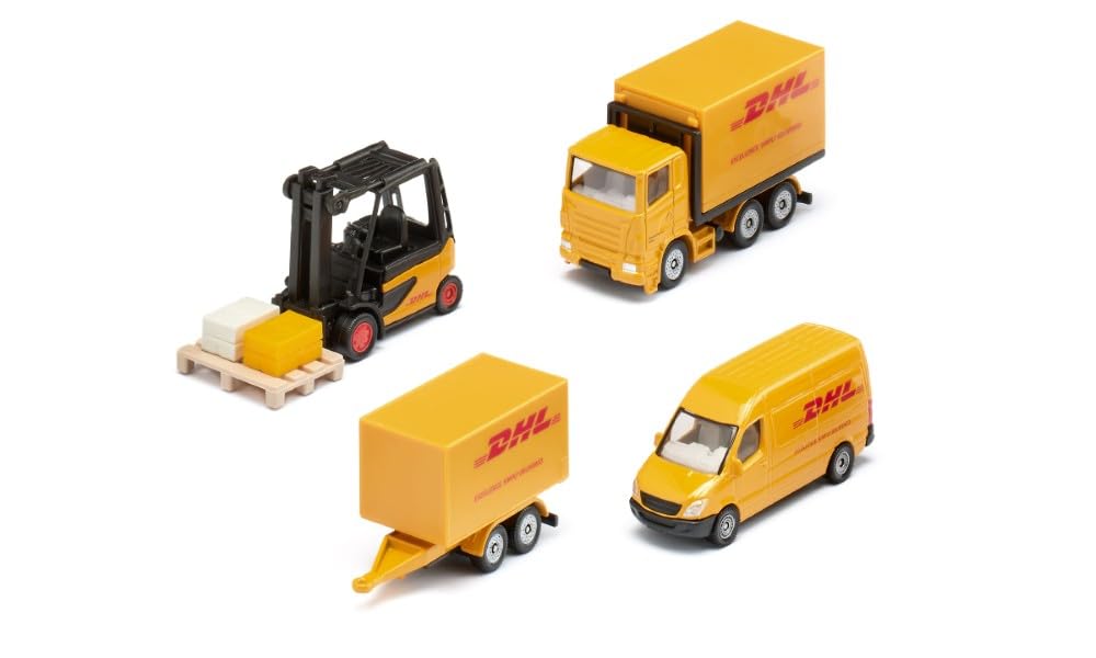 Siku 6324, Set logistico DHL, 4 pezzi, Metallo/Plastica, Giallo, Varie funzioni, Set di giocattoli, Combinabile con modelli stessa scala