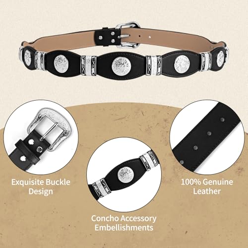 Men's Western Ranger Belt – Full Grain Leather – Scalloped Design, Silver Conchos – Removable Buckle – Cowboy Dress Belt2