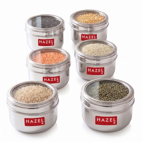 Image of HAZEL See Through Kitchen Storage Container Set 1100ml (Set of 6) | Stainless Steel Dabbas with Transparent Top for Pantry Use