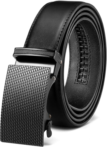 Men's Ratchet Belt with Slide Buckle, Genuine Leather Adjustable Click Belt, Gift Box Included, Trim to Fit, Casual & Formal