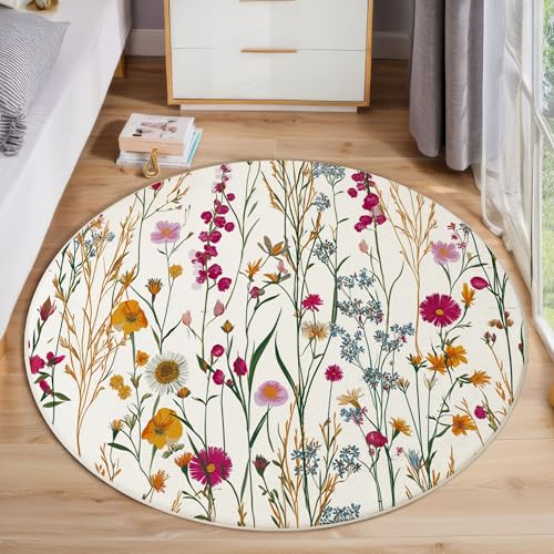 Tapis rond lavable en machine 160 cm imprimé petites fleurs antidérapant salon