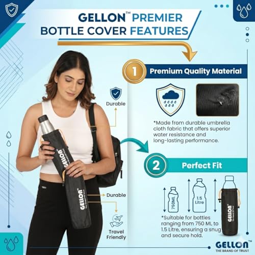 Image of Gellon Bottle Cover In Umbrella Cloth For 750 ML, 1 L to 1.5 Litre Water Proof Drawstring Closer For Travel, Hiking, Office & School Kids In Black Color (Black Color)