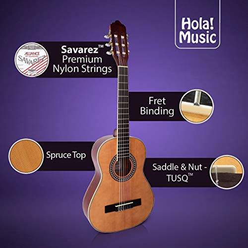 Classical Guitar with Soft Nylon Strings by Hola! Music, Half 1/2 Size 34 Inch for Junior Kids Model HG-34GLS, Natural Gloss Finish - FREE Padded Gig Bag Included