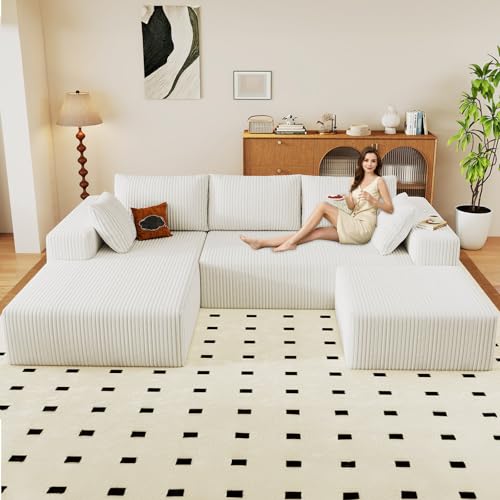 Image of 96 inch U-Shape Cloud Couch, Modern Modular Sectional L-Shape Sofa with Ottoman, Corduroy Upholstered Couches Deep Seat Sleeper Chaise Longue for Living Room, No Assembly Required(White, Left Facing)