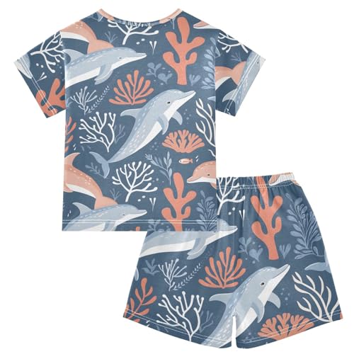 ALAZA Dolphin Coral Reef Blue Pajamas Short Sleeve 2 Piece Sleepwear Top and Bottom Pajama Set Unisex2
