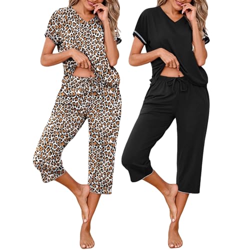 Marvmys Womens 2 Pack Pajama Sets Short Sleeve Pajamas Tops and Capri Pants Pjs Print Lounge Sets with Pockets S-3XL