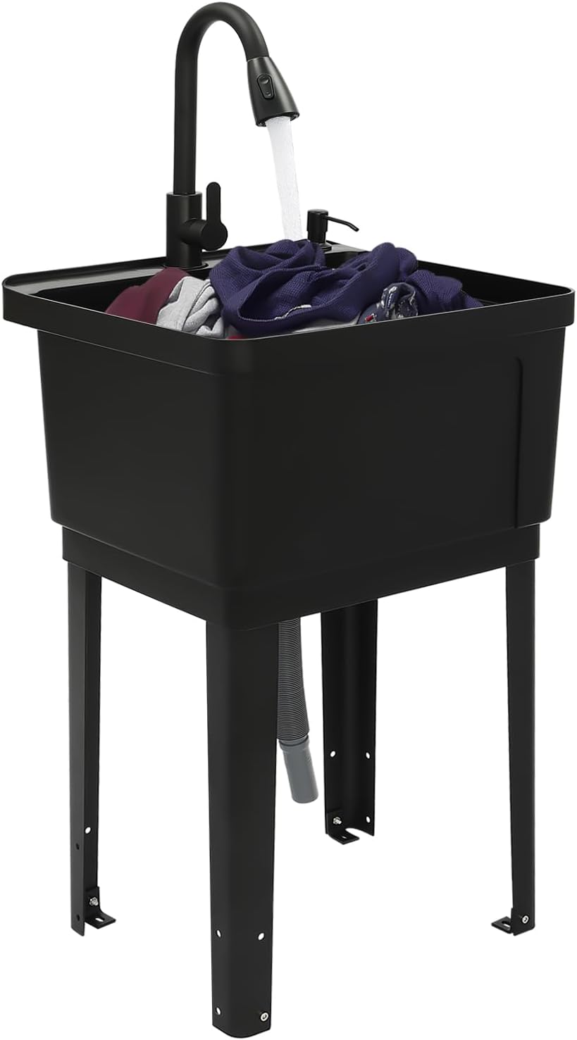 Utility Sink Extra-Deep Laundry Tub, Utility Sink Laundry Tub with 360° Rotatable High Faucet, Heavy Duty Floor Mounted Freestanding Wash Station for Restaurants, Laundries, Stores (Black)