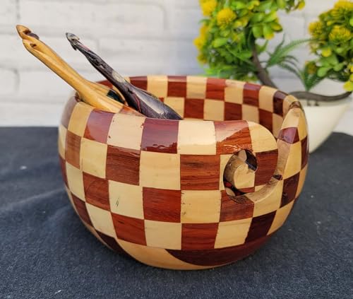 Image of Handmade Wooden Yarn Bowl - Yarn Holder Storage Bowl - Yarn Bowl for Knitting 7 inch x 4 inch inch - Best Gift for Knitters Multiwood (Large)