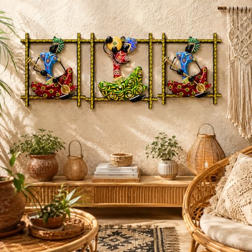 Image of iHandikart Handmade Metal Wall Art Set of 3, Traditional Rajasthani Musician & Dancer Wall Sculpture | 9 x 9 Inch Decorative Iron Wall Hanging for Living Room, Bedroom, Hallway, Office & Home Decor