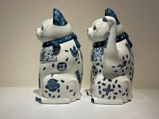 Amazon.co.jp: 招き猫 23cm 染付 宝尽し 一対 まねき猫 検索 猫 置物 