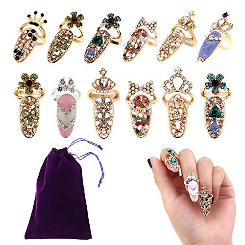 BraveWind 12 PCS Women Fingernail Rings Rhinestone Nail Cover Ring Nail Art Charm Finger Decoration Rings with 1 PCS Storage Bag