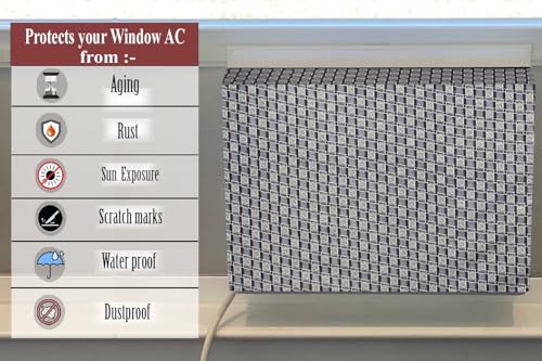 Image of The Furnishing Tree Elastic fit waterproof Polyester window ac cover suitable for Croma 1 Ton, Dustproof cover for inner and outer section, In CM: (48.26x59.69x38.74), Basketweave Pattern Grey