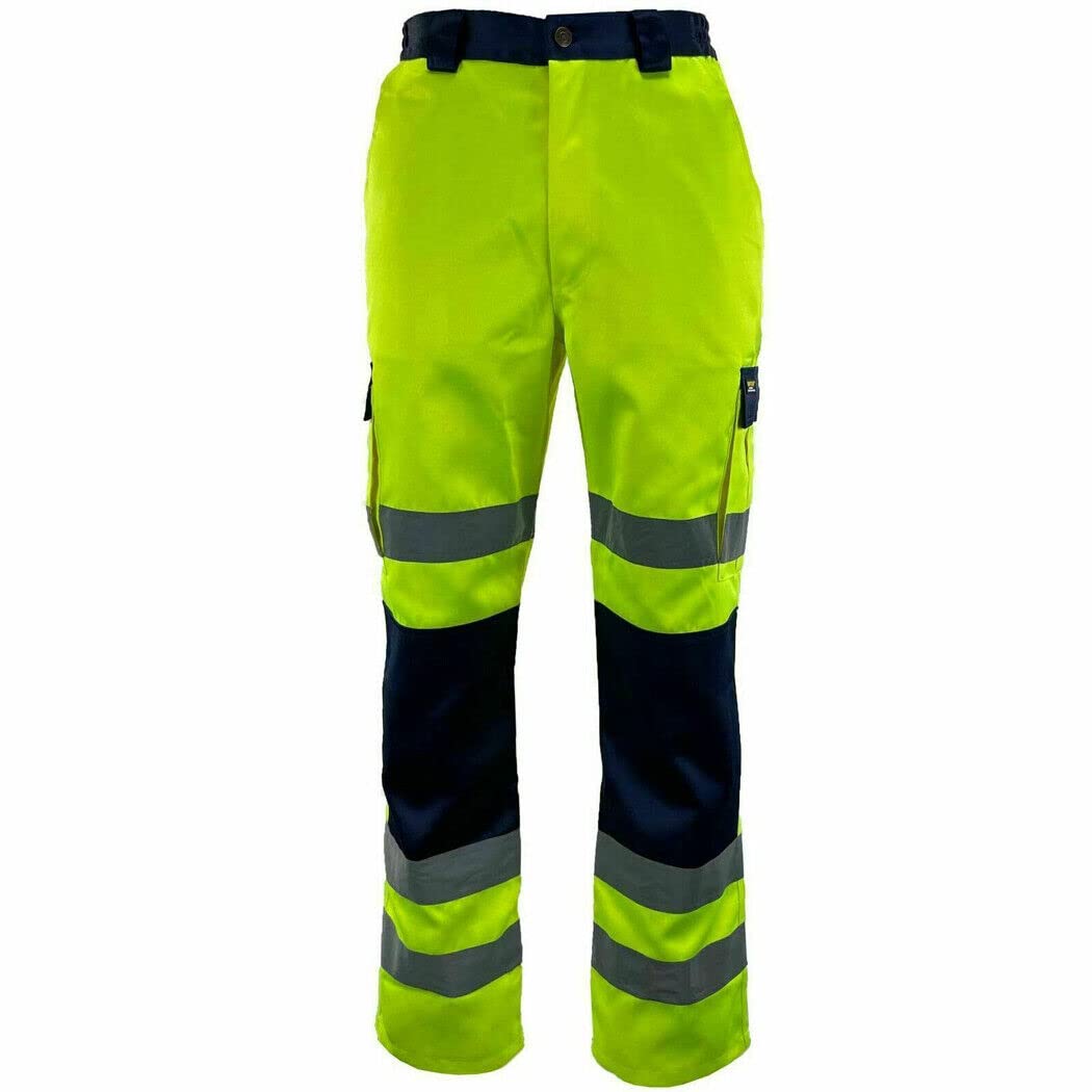 Fashion Fairies Men's Cotton Trousers Yellow/Navy ’S Hi-Vis Two-Tone Waterproof Work Trousers, Fleece Cotton Safety Pants With Multiple Pockets, High Visibility Workwear For Construction, Outdoor, Industrial, And Heavy-Duty Jobs