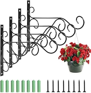 Jubaopen 4 Pcs Hanging Basket Brackets Outdoor, Black Garden Hanging Basket Brackets Lantern Hanging Hooks With Screws Wall Metal Brackets Hanging Basket Hook for Lanterns Plant Bird Feeder Garden
