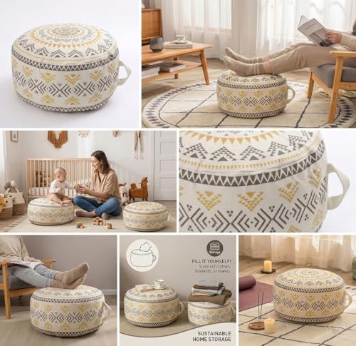 MOCOFO Unstuffed Round Pouf Cover, 18in Boho Ottoman, Yellow 18x18x8 by MOCOFO - Used condition - Image 4