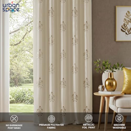 Image of Urban Space 100% True Blackout Curtains for Window, Gold Foil Printed Blackout Curtains, Blackout Decorative Window Curtain Eyelet with Tieback, 1 Piece Curtain for Living Room (Avni Beige, 5 Feet)