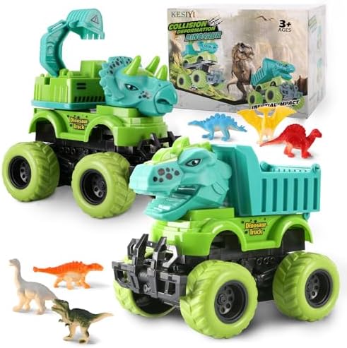 Dinosaur Monster Truck Toys for 3 4 5 Year Old Boys, 2 Pack with 6 Mini Dinosaur Figures, Monster Trucks for Boys Ages 3-4-5-7, Toys for Kids 3-5 Years Birthday /Christmas