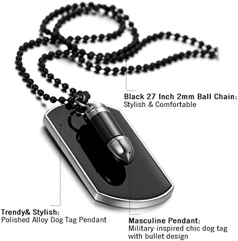 Cupimatch Mens Biker Alloy Bullet Military Army Style Dog Tag Pendant Necklace, 27.5 Inch Chain, Black