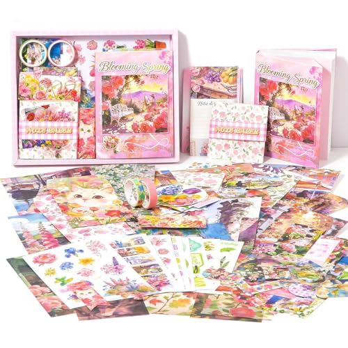 Image of MGNLR Vintage Aesthetic Scrapbook Kit(346Pcs) Scrapbooking Supplies Kit with Bullet Junk Journal,Stationery,A6 Grid Notebook Journaling Gift for Girl (Blooming Spring)